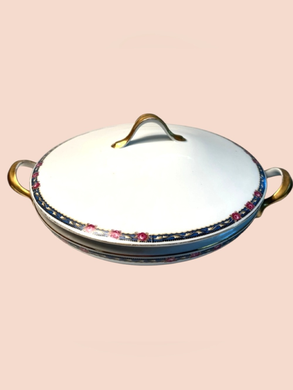 VINTAGE Covered Vegetable Dish with Gold Handles Navy Blue band of flowers - Picture 12 of 16